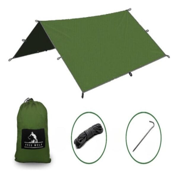 Tarp Impermeable Camping, Lona Con Estacas Y Sogas Free Wolf